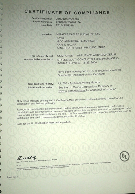 UL Certificate Multicore Cables