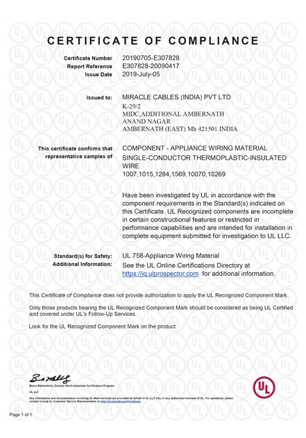 Ul certificate Single Core Cables