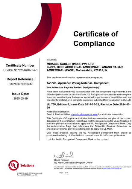 UL Certificate Multicore Cables